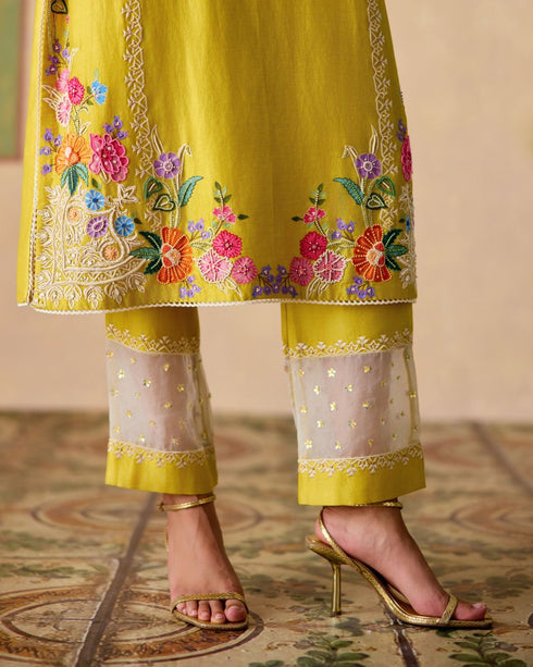 Zahara yellow and ivory embroidered kurta with sheer panel pants