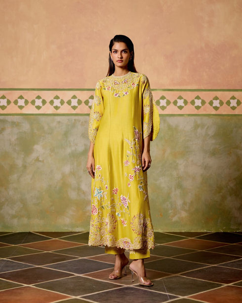 Zahara yellow contrast cordwork flared long kurta with sheer panel pants