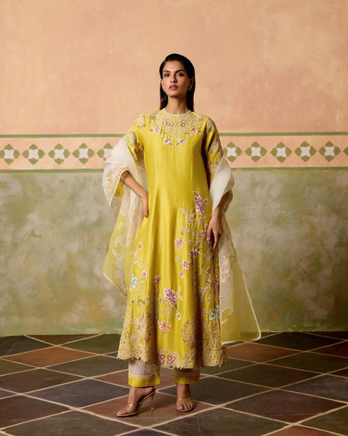Zahara yellow contrast cordwork flared long kurta with sheer panel pants