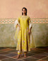 Zahara yellow contrast cordwork flared long kurta with sheer panel pants