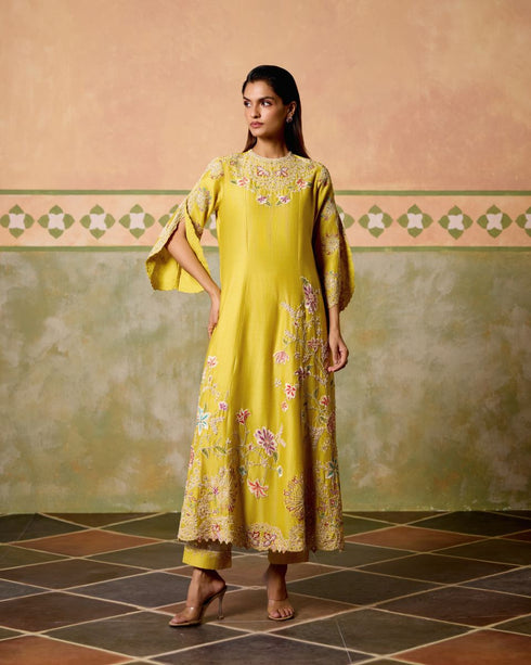 Zahara yellow contrast cordwork flared long kurta with sheer panel pants