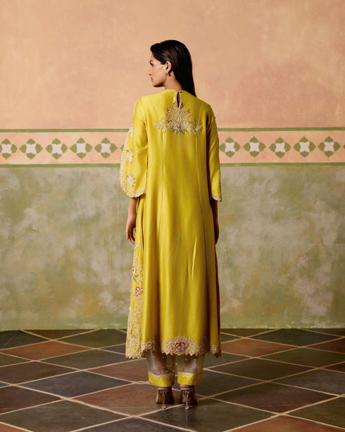 Zahara yellow contrast cordwork flared long kurta with sheer panel pants