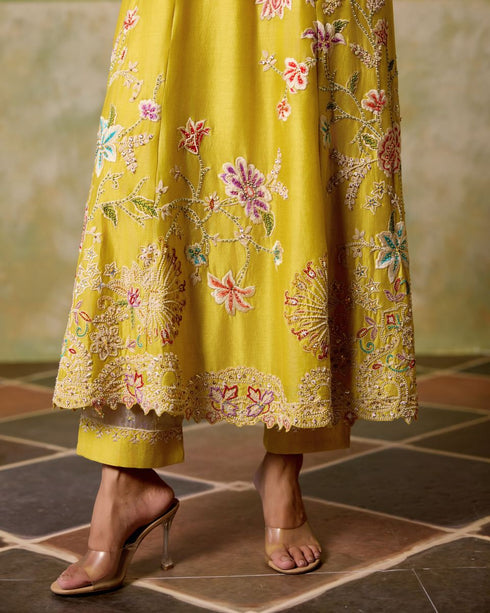 Zahara yellow contrast cordwork flared long kurta with sheer panel pants