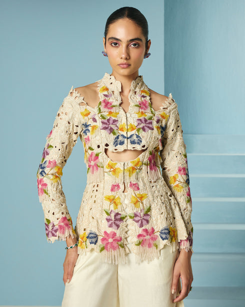 Arden ivory beadwork and cutwork cutout jacket