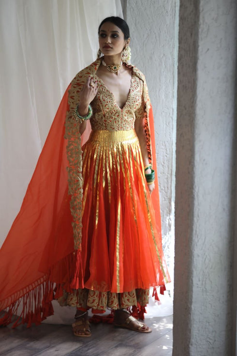 Aikeyah bright orange double layered lehenga set
