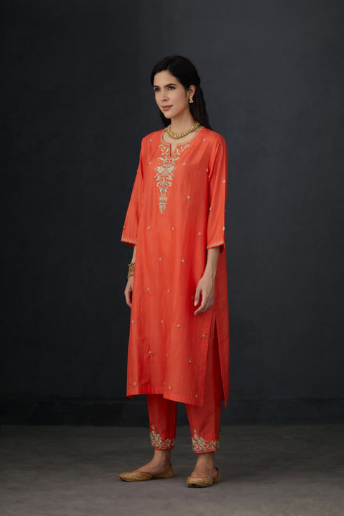 Brih coral embroidered tunic trouser set