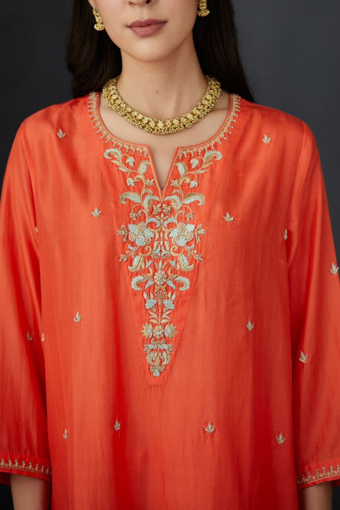 Brih coral embroidered tunic trouser set