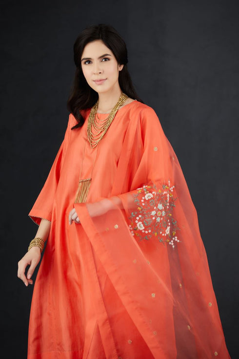 Brih coral silk organza dupatta