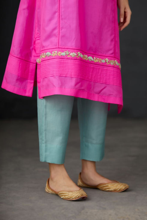 Brih rose aqua hand embroidered silk organza tunic trouser set