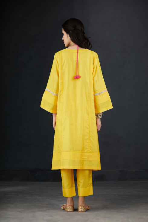 Brih sun color hand embroidered silk organza tunic trouser set