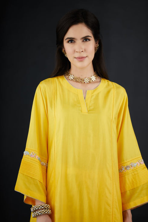 Brih sun color hand embroidered silk organza tunic trouser set