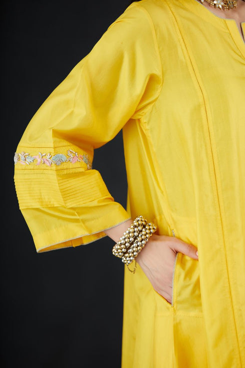 Brih sun color hand embroidered silk organza tunic trouser set