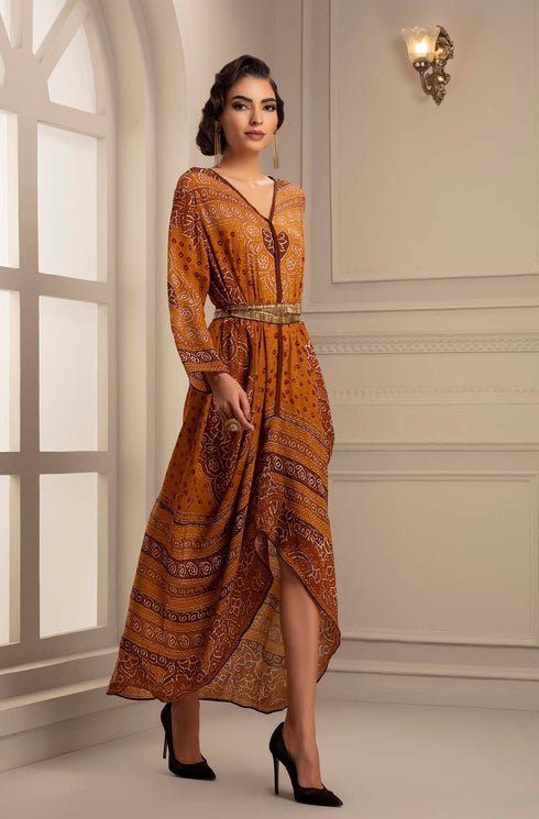 Rajdeep ranawat mustard printed bandhani silk crepe dress