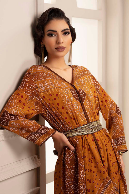 Rajdeep ranawat mustard printed bandhani silk crepe dress