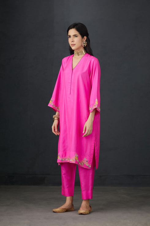 Brih rose silk hand embroidered tunic trouser set