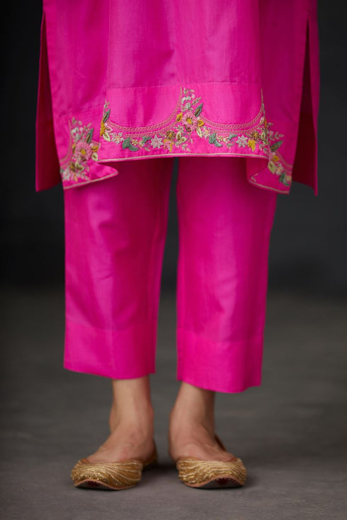 Brih rose silk hand embroidered tunic trouser set