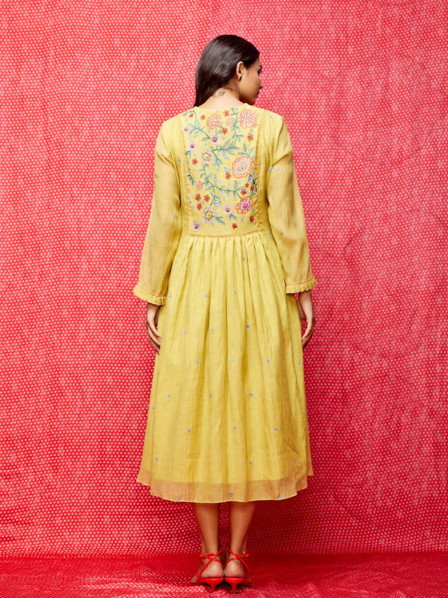 Women Yellow Paisely Embroidered Gathered Dress main image 0