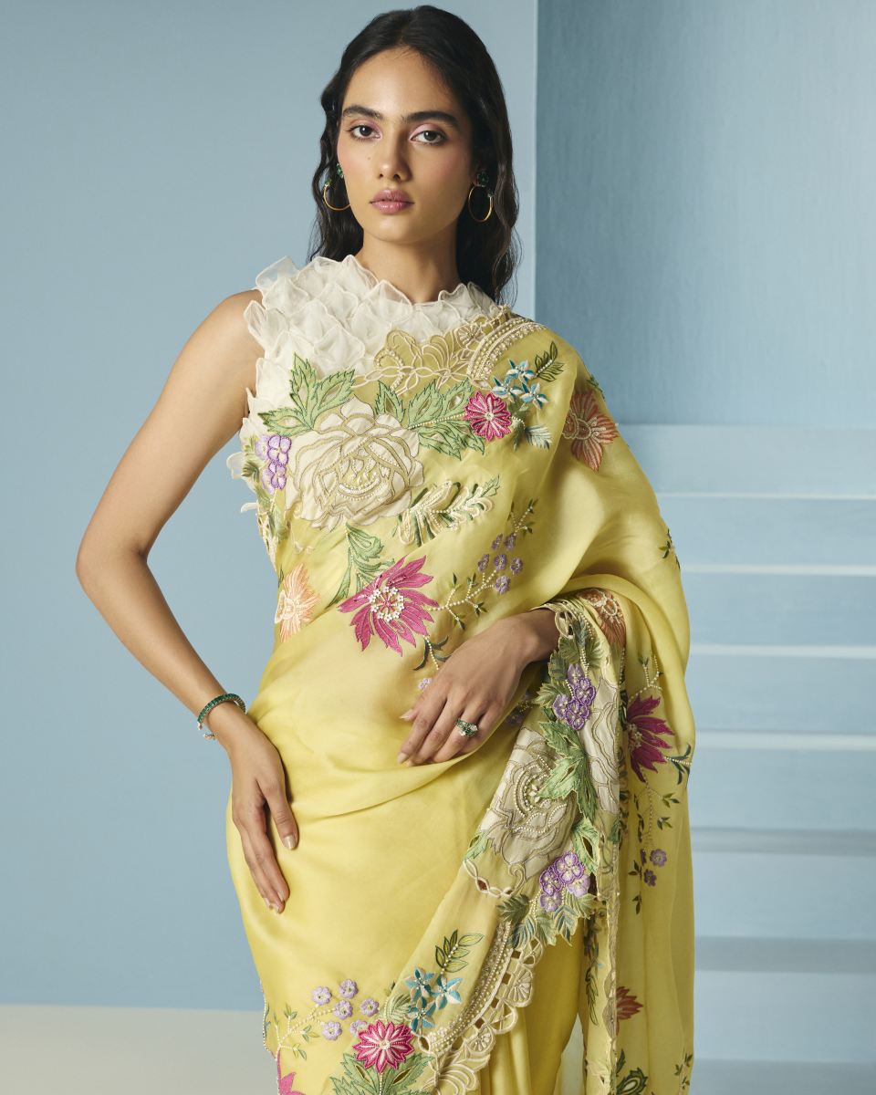 Buy - Arden butter yellow floral applique sari | Elan Store