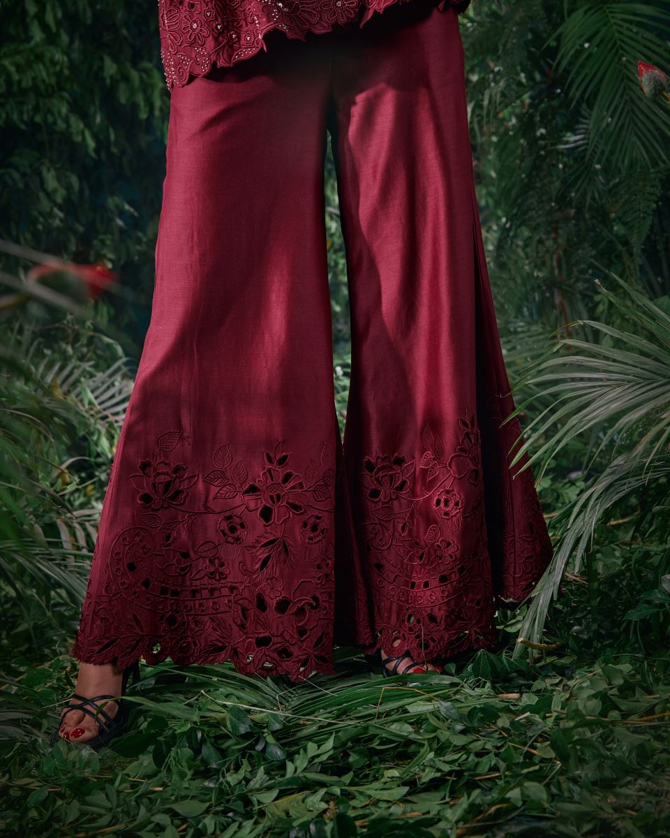Buy - Eden wine cutwork flared pants | Elan Store
