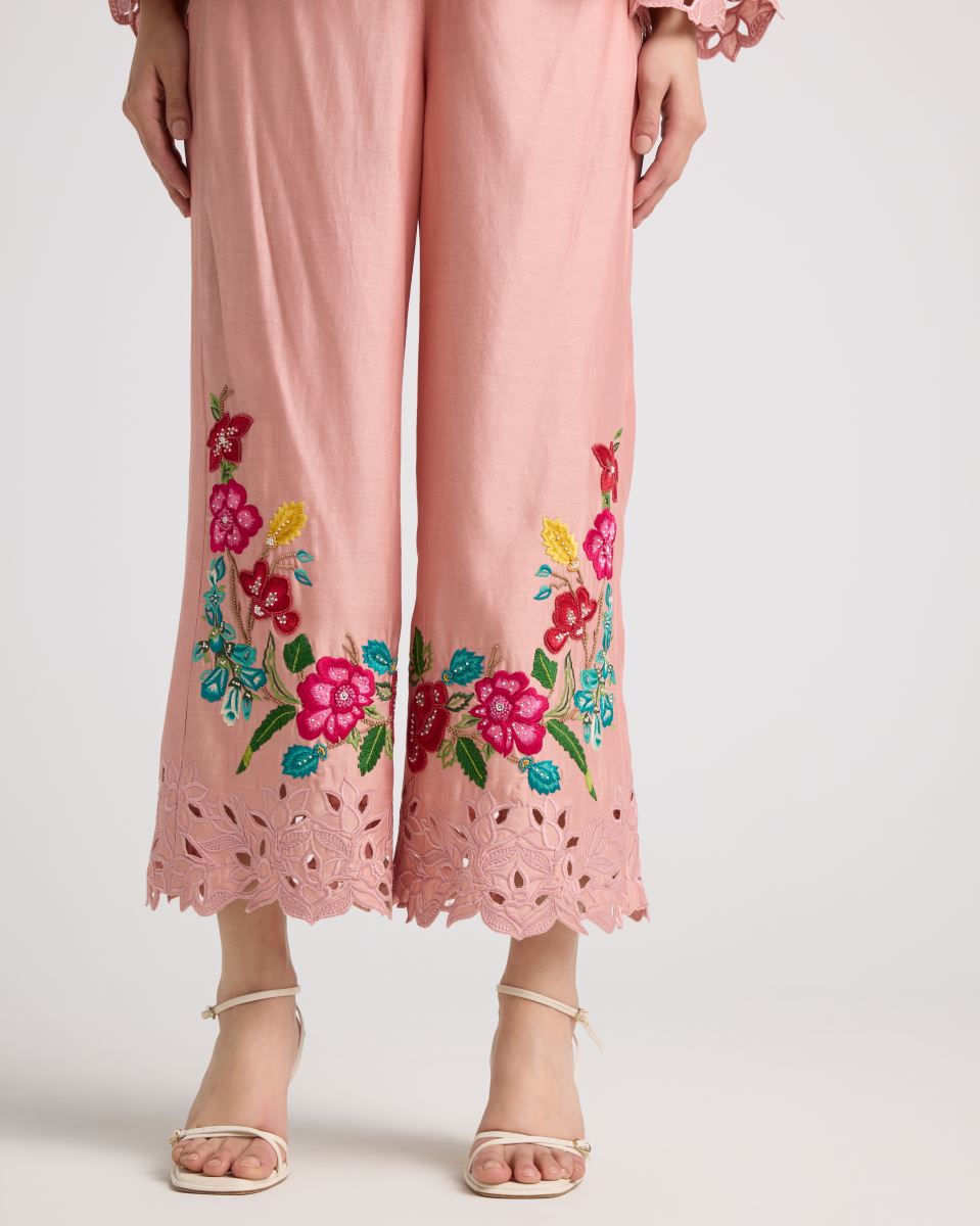 Buy - Florens soft pink threadwork and cutwork pants | Elan Store