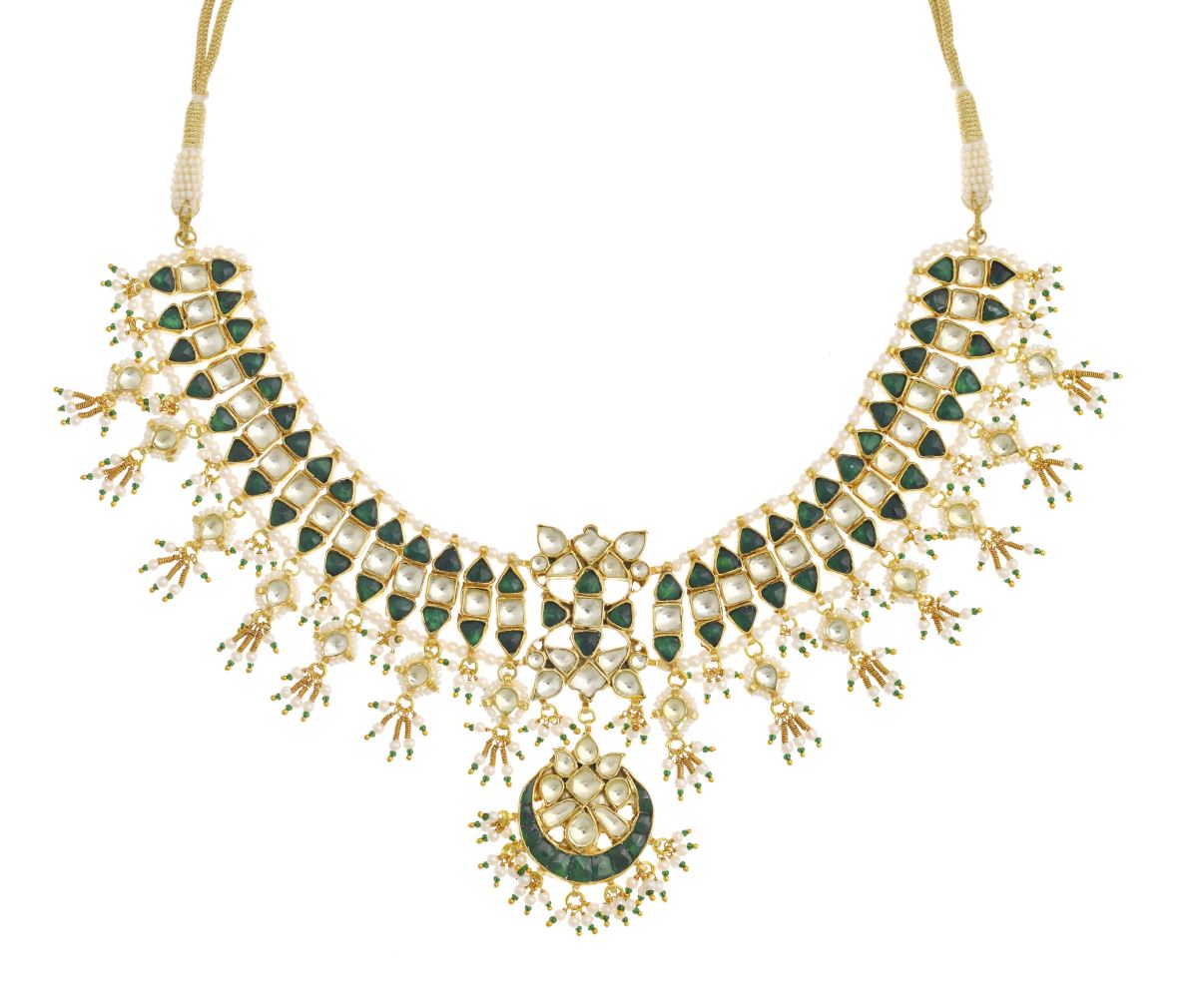 Buy - Green gold finish jadau necklace set with pearls | Elan Store