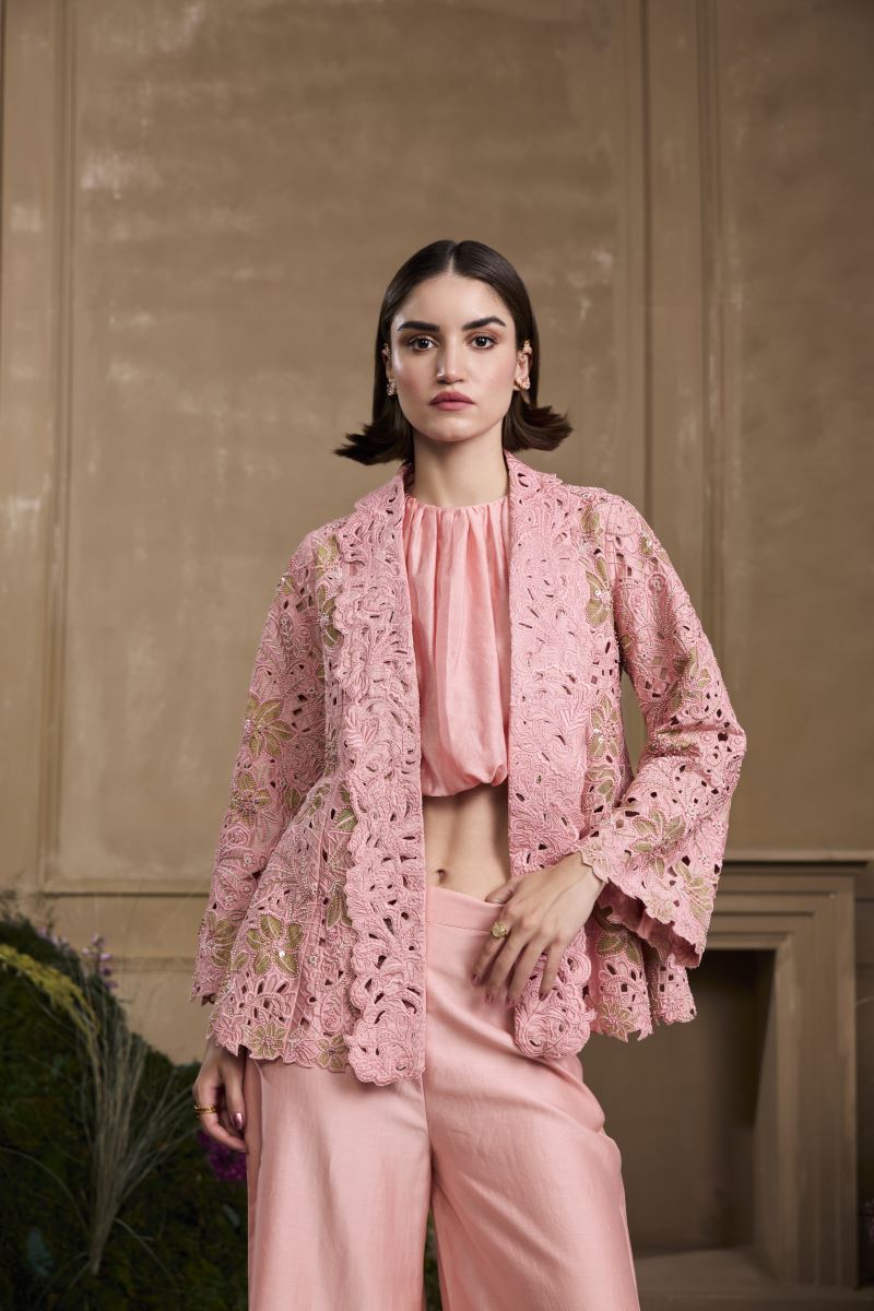 Buy - Rose pink metallic applique and cutwork flared jacket | Elan Store