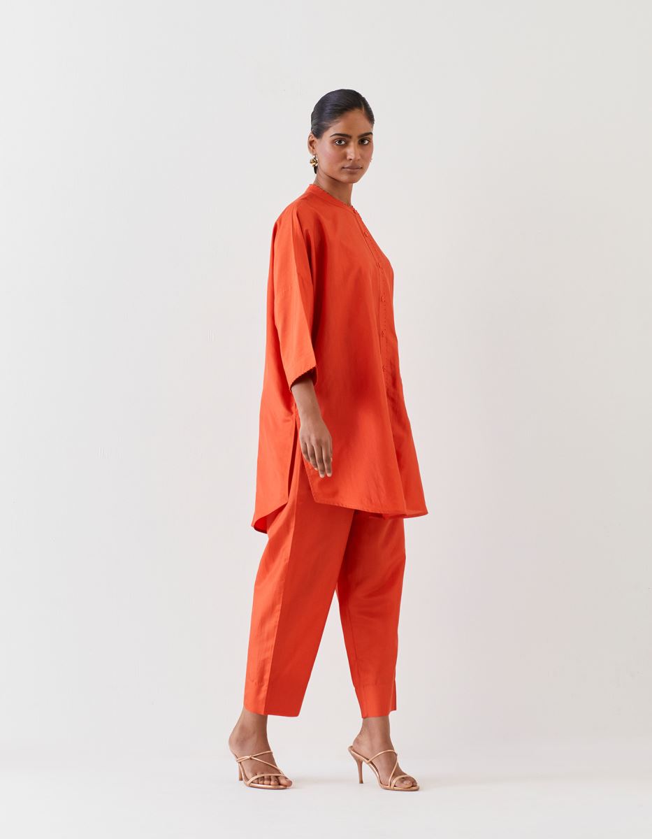 Buy - Varna rust orange embroidered silk tunic with trousers | Elan Store