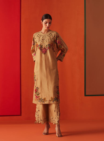Martha Linen Cutwork Pants – Sand Brown - Zebein India | Linen Drama