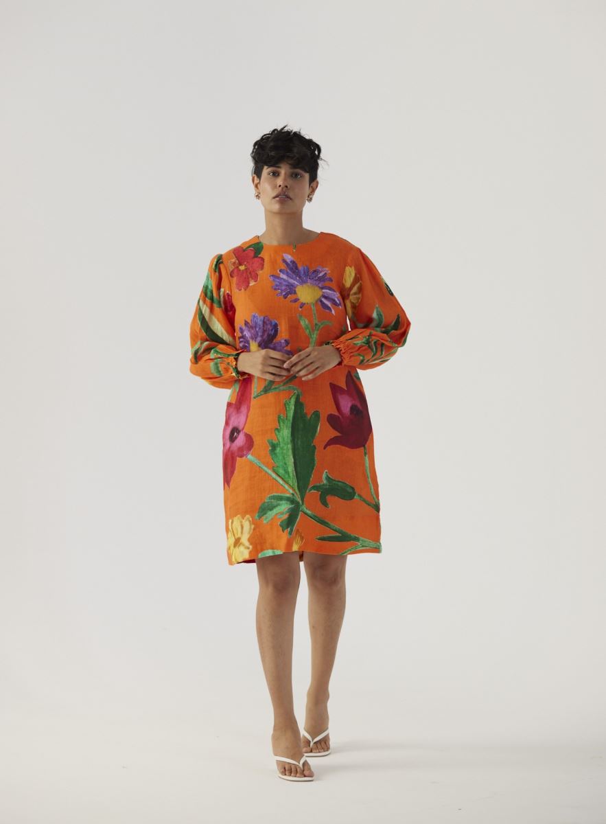 Buy - Big botanical orange linen short dress