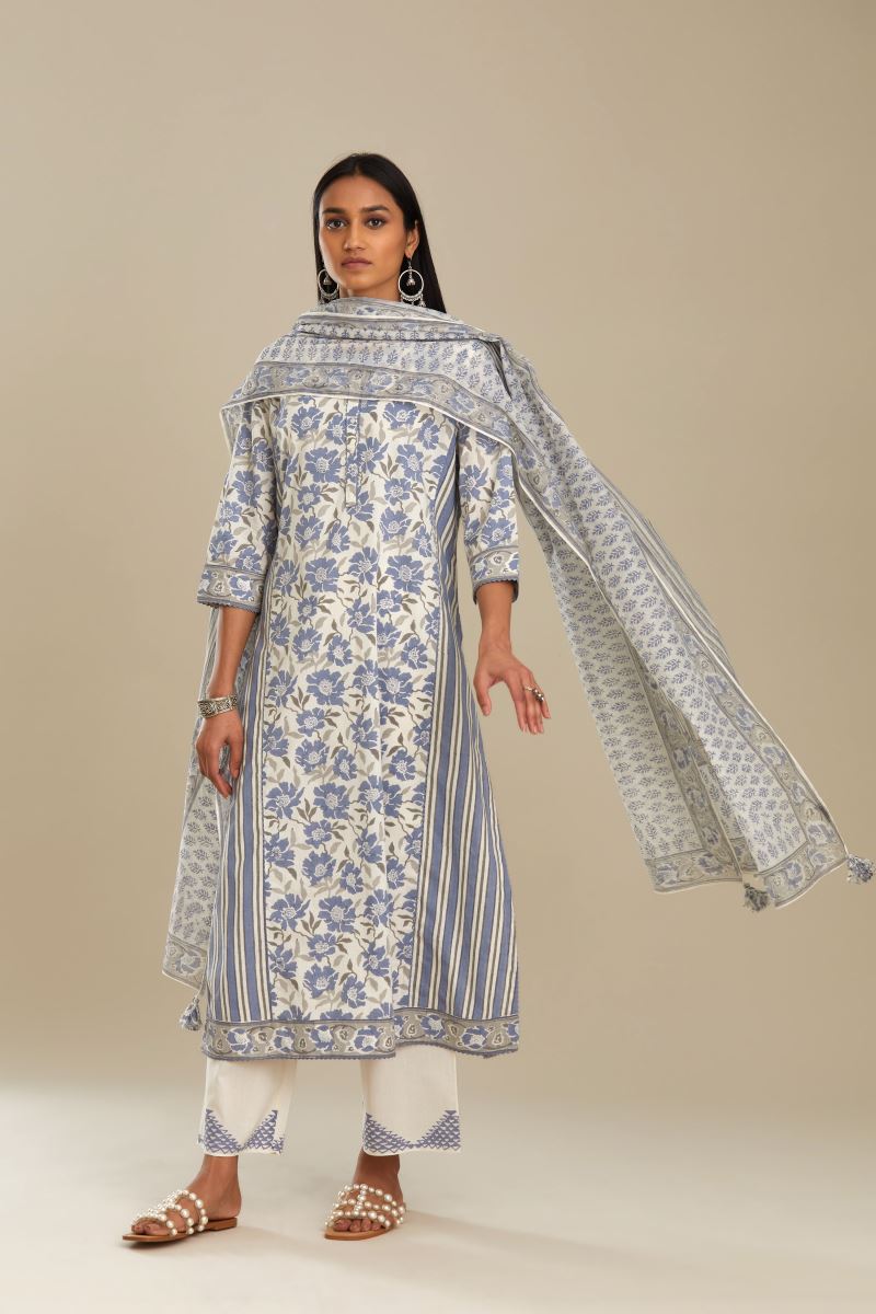 Blue and white straight kurta set with striped side panels Elan Store