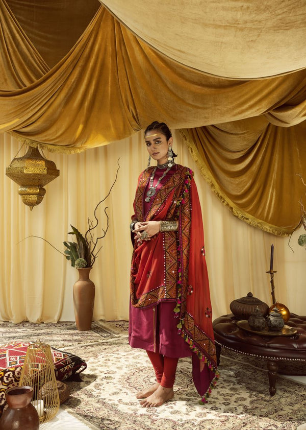 Rust Brown Geometric Printed Cotton Blend Kaftan and Palazzo Set