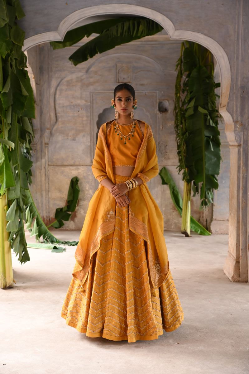 Art Silk Fabric Wedding Wear 3 Piece Lehenga Choli In Mustard Color