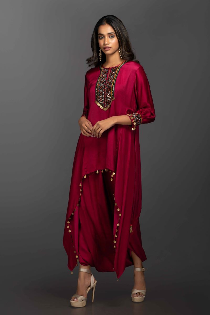 Buy - Prahnaaya royal majenta asymmetric tunic with dhoti skirt | Elan ...