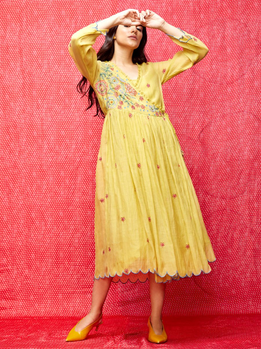 Buy - Rose yellow embroidered wrap dress